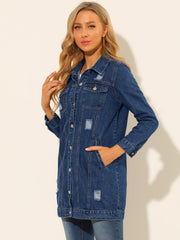 Distressed Long Sleeve Ripped Casual Denim Jacket