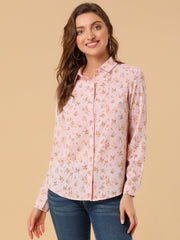 Button Down Floral Long Sleeve Point Collar Blouse