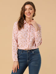 Button Down Floral Long Sleeve Point Collar Blouse