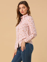 Button Down Floral Long Sleeve Point Collar Blouse