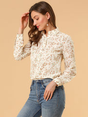 Button Down Floral Shirt Blouse Long Sleeve Point Collar Top