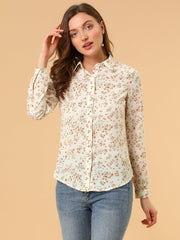 Button Down Floral Shirt Blouse Long Sleeve Point Collar Top