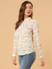 Button Down Floral Shirt Blouse Long Sleeve Point Collar Top