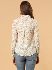 Button Down Floral Shirt Blouse Long Sleeve Point Collar Top