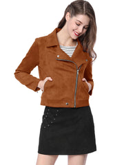Casual Short Soft Zip Up Faux Suede Biker Moto Jacket