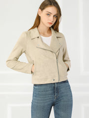 Casual Short Soft Zip Up Faux Suede Biker Moto Jacket