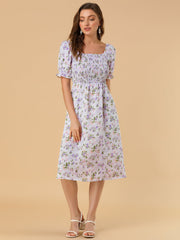 Square Neck Puff Sleeve Shirred Floral Casual Midi Dress