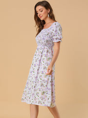 Square Neck Puff Sleeve Shirred Floral Casual Midi Dress