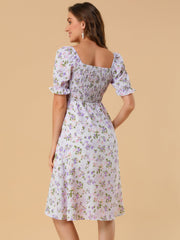 Square Neck Puff Sleeve Shirred Floral Casual Midi Dress