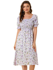 Square Neck Puff Sleeve Shirred Floral Casual Midi Dress