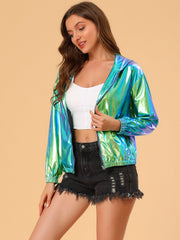 Holographic Party Shiny Lightweight Zipper Hooded Metallic Jacket