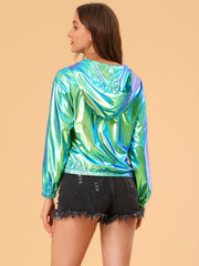 Holographic Party Shiny Lightweight Zipper Hooded Metallic Jacket