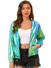 Holographic Party Shiny Lightweight Zipper Hooded Metallic Jacket