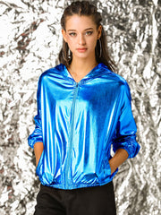 Holographic Party Shiny Lightweight Zipper Hooded Metallic Jacket