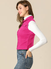 Buttoned Chest Flap Pocket Washed Denim Jacket Vest