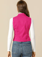 Buttoned Chest Flap Pocket Washed Denim Jacket Vest
