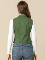 Buttoned Chest Flap Pocket Washed Denim Jacket Vest