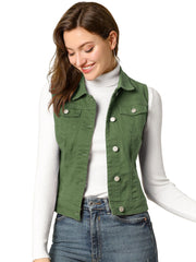 Buttoned Chest Flap Pocket Washed Denim Jacket Vest