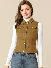 Buttoned Chest Flap Pocket Washed Denim Jacket Vest