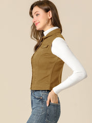 Buttoned Chest Flap Pocket Washed Denim Jacket Vest