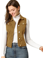 Buttoned Chest Flap Pocket Washed Denim Jacket Vest