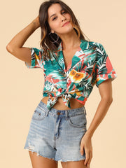 Hawaiian Tropical Leaves Floral Short Sleeve Button Down Shirt