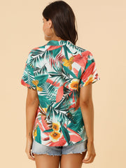 Hawaiian Tropical Leaves Floral Short Sleeve Button Down Shirt