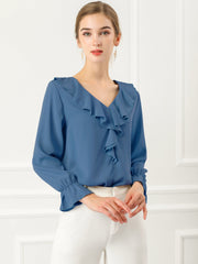 Ruffle Neck Gathered Cuff Long Sleeves Blouse