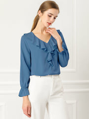 Ruffle Neck Gathered Cuff Long Sleeves Blouse