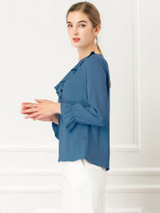 Ruffle Neck Gathered Cuff Long Sleeves Blouse
