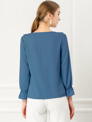 Ruffle Neck Gathered Cuff Long Sleeves Blouse