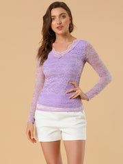 Floral Embroidery Sheer Long Sleeve Lace Blouse Top
