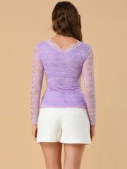 Floral Embroidery Sheer Long Sleeve Lace Blouse Top