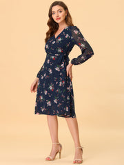 Chiffon Floral V Neck Tie Waist Bishop Sleeve Casual Wrap Midi Dress