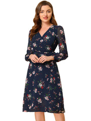 Chiffon Floral V Neck Tie Waist Bishop Sleeve Casual Wrap Midi Dress