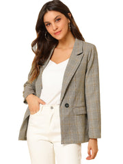 Plaid Notched Lapel One Button Houndstooth Blazer Jacket