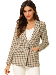 Plaid Notched Lapel One Button Houndstooth Blazer Jacket