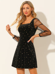 Sheer Puff Sleeve Square Neck Glitter Metallic Star Velvet Mini Dress