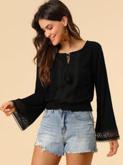 Boho Beach Blouse Bell Sleeve Lace Trim Tie Neck Peasant Smocked Top