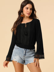Boho Beach Blouse Bell Sleeve Lace Trim Tie Neck Peasant Smocked Top