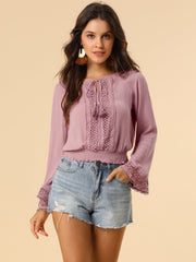 Boho Beach Blouse Bell Sleeve Lace Trim Tie Neck Peasant Smocked Top