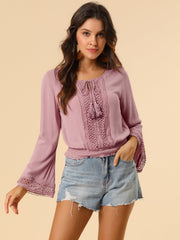Boho Beach Blouse Bell Sleeve Lace Trim Tie Neck Peasant Smocked Top