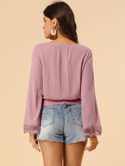 Boho Beach Blouse Bell Sleeve Lace Trim Tie Neck Peasant Smocked Top