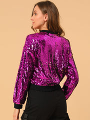 Sequin Sparkle Party Long Sleeve Zipper Bomber Jacket
