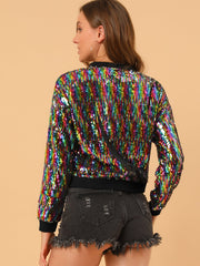 Sequin Sparkle Party Long Sleeve Zipper Bomber Jacket