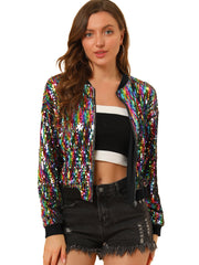 Sequin Sparkle Party Long Sleeve Zipper Bomber Jacket