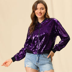 Sequin Sparkle Party Long Sleeve Zipper Bomber Jacket