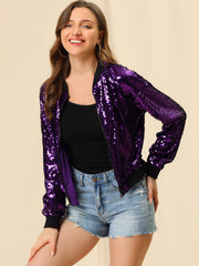 Sequin Sparkle Party Long Sleeve Zipper Bomber Jacket