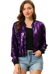 Sequin Sparkle Party Long Sleeve Zipper Bomber Jacket