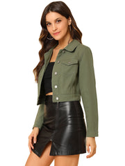 Button Down Long Sleeve Casual Cropped Denim Jacket